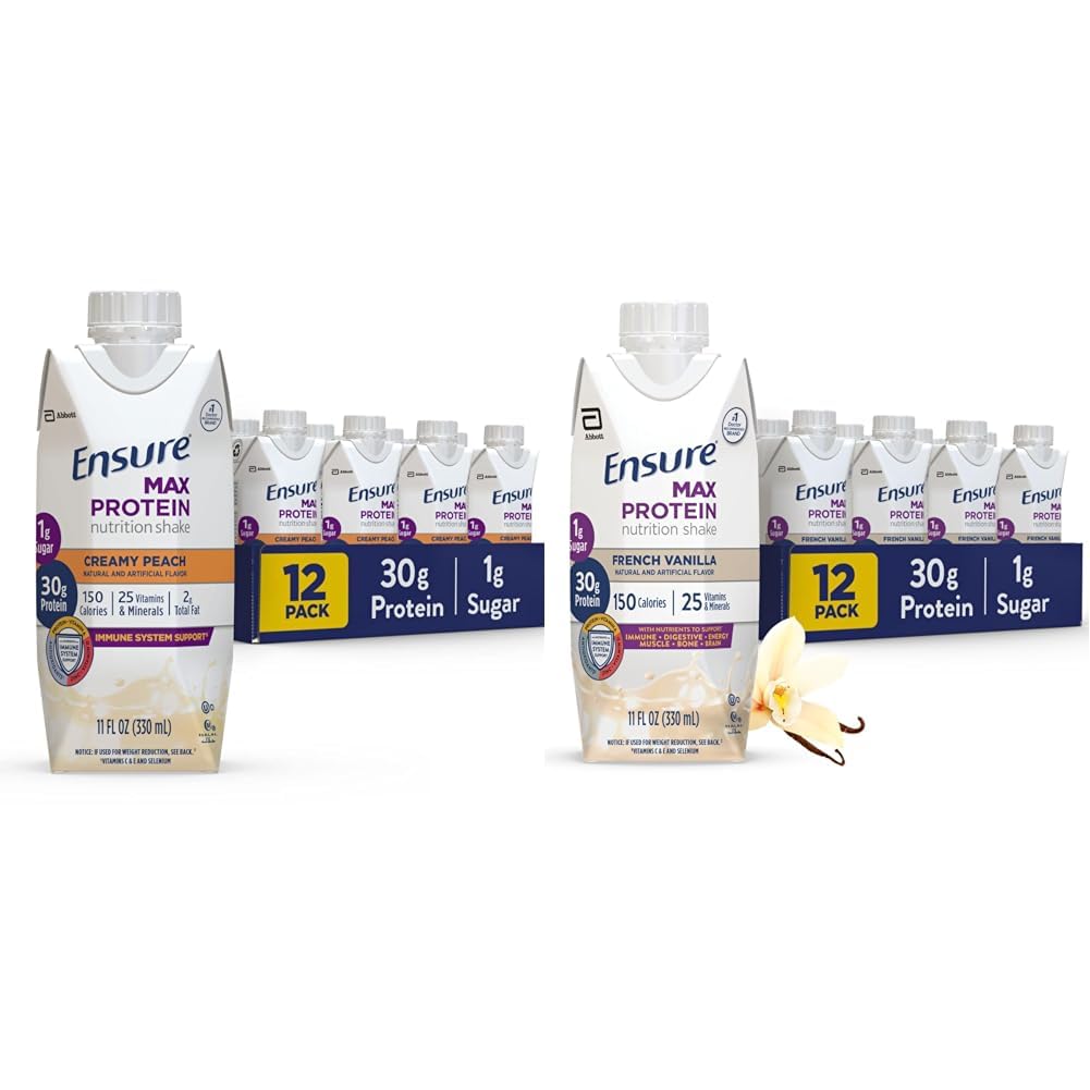 Uistite sa, Max Protein Nutrition Shake s 30g proteínu, 1g cukru, vysoký proteín Shake, Krémová broskyňová a francúzska Vanilla, Tekutina, 11 fl oz (Pack of 12)