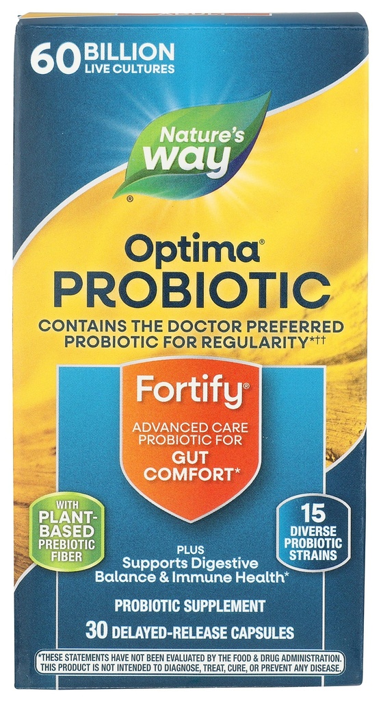 Nature's Way Fortify Optima Probiotic for Adults, 60 miliárd živých kultúr, 15 kmeňov, Gut Comfort*, podporuje Digestive Balance and Immune Health*, Udržujte v chlade, 30 kapsúl (Packaging May Vary)