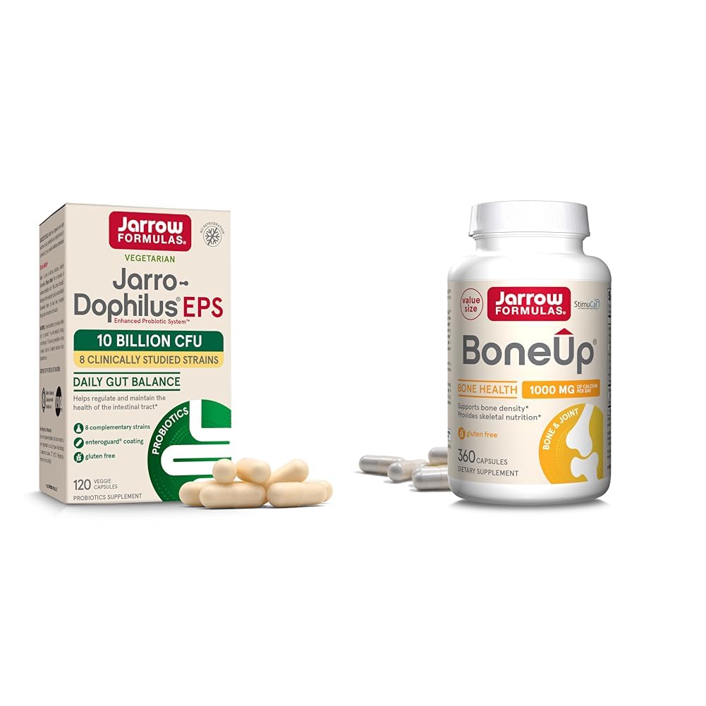Jarrow Formuly Probiotiká a podpora kostí Supplement Bundle s Jarro-Dophilus EPS 10 miliárd CFU a BoneUp s vitamínom D3, K2 a vápnik