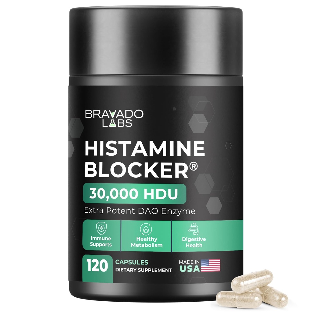 Bravado Labs DAO Doplnky Histamín Blocker - Extra sila 30 000 HDU DAO Enzyme + Diamín Oxidáza a vitamín C pre denný Histamín Metabolizmus a imunitná podpora - 120ct