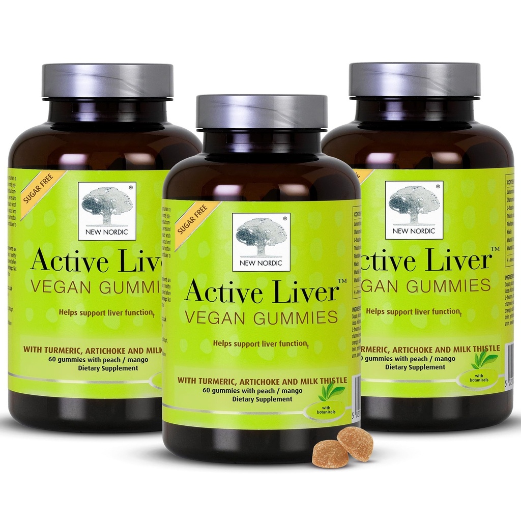 New Nordic Active Pečeň Gummies, Milk Thitle, Artičoky a Turmeric Supplement, Natural Peach & Mango Flavor, Sugar Free & Vegan, 60 gróf (Pack of 3)