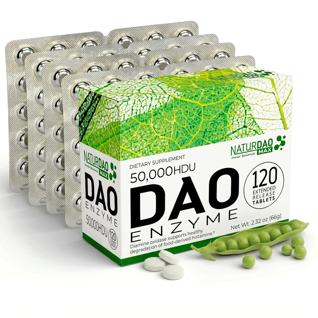 MAX DAO Enzyme Supplement 120 tabliet, 50 000 HDU na tabletu nastaviteľné dávkovanie, rozšírené uvoľňovanie, Histamínový blokátor