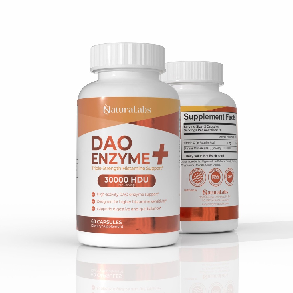 DAO Enzyme + Histamín Blocker - Triple-Silná 30 000 HDU Formula - DAO Enzyme Doplnky s vitamínom C - Histamínová intolerancia Podpora trávenia - 60 kapsúl