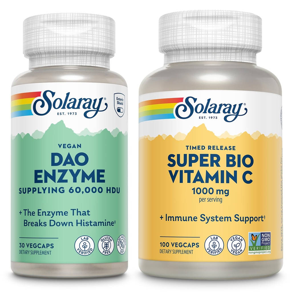 SOLARAY DAO Enzyme a Super Bio Vitamín C 1000mg - Tráviace enzýmy na prelomenie histamín - Časové uvoľnenie VIT C w/Bioflavonoidy Immune Suplement, Vegan, 60-dňová záruka, 30/50 Služby