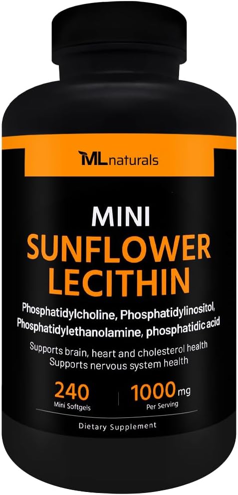 ML Naturals Mini slnečnica Lecitin 240 Softgels. Fosfatidylcholín, fosfatidylinositol, fosfatidylthanolamín, kyselina fosforečná, NSF-Certifikované a cGMP-Compliant