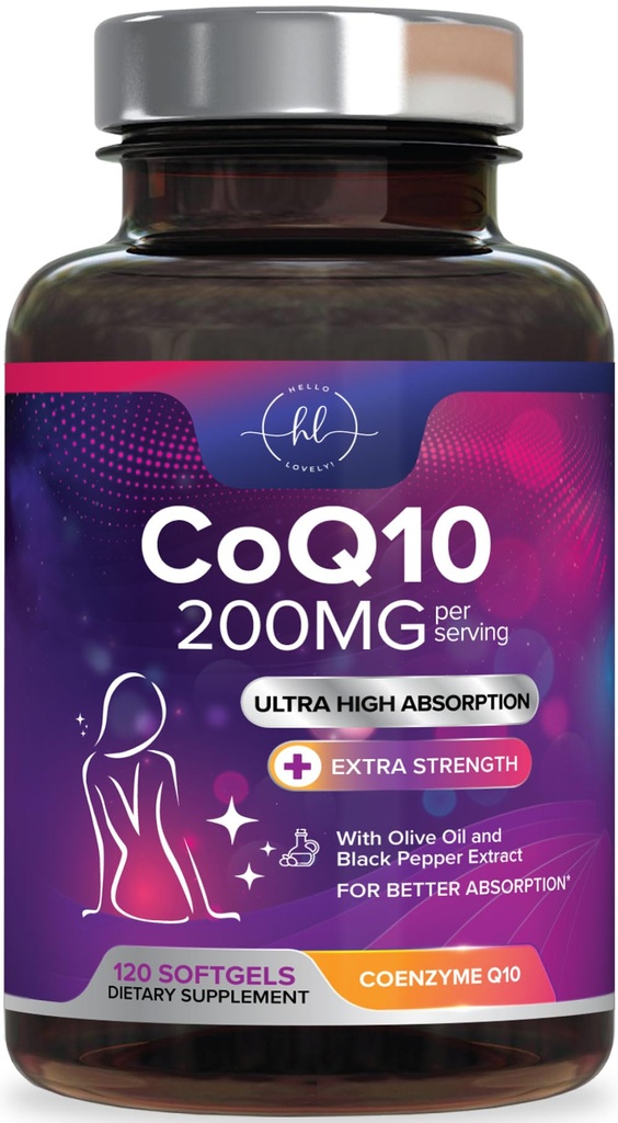 Koenzým Q10 200 mg za doplnok k podávaniu - Ultra vysoká absorpcia, antioxidant pre zdravie srdca a podporu výroby energie - CoQ10 (Ubichinón) Co Q 10 Supplement & Vitamíny 100mg Každý - 120 Softgels
