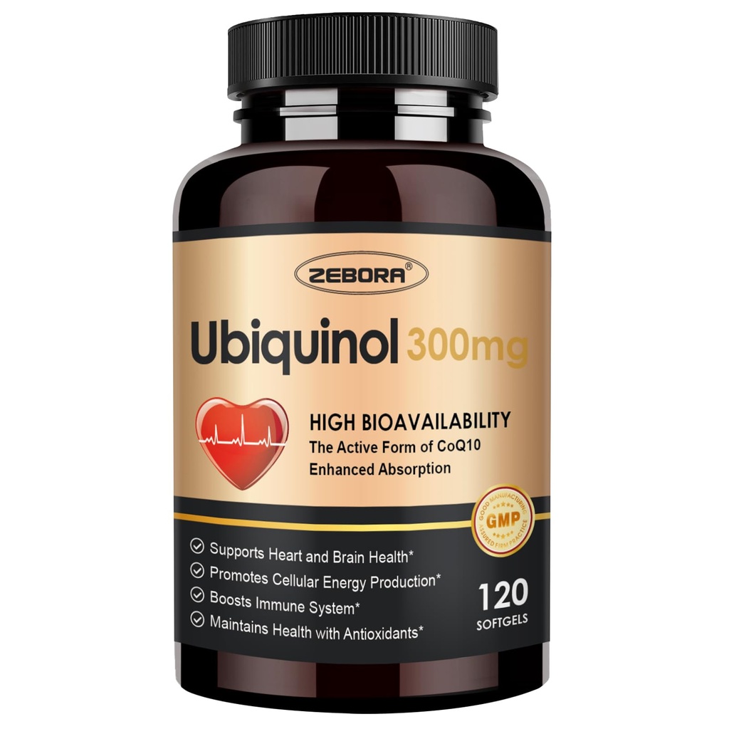 ZEBORA Ubichinol CoQ10 300mg Softgels, 4-in-1 Výkonný antioxidant pre zdravie srdca a ciev, Essential for Energy Production, Max Absorbtion Active Form of CoQ10, 120 Softgels
