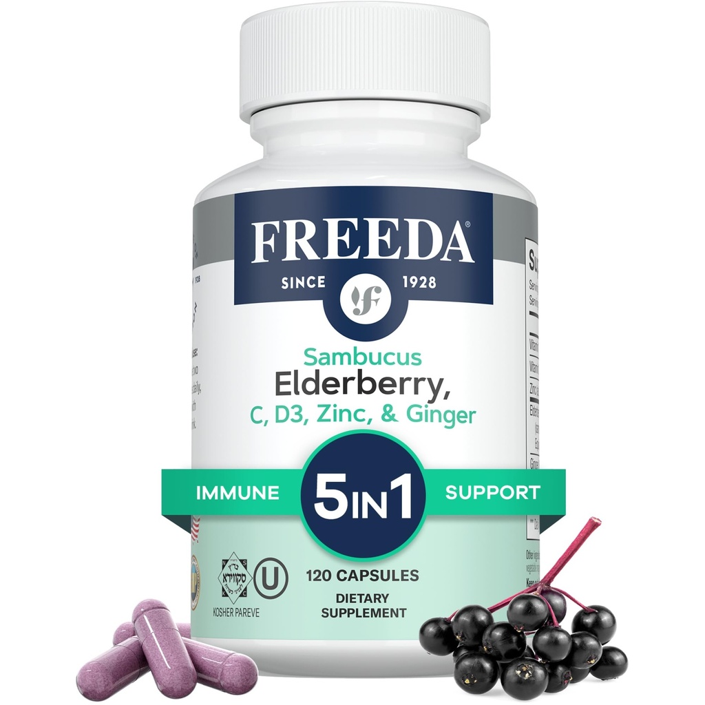 FREEDA Sambucus Staršie plody s vitamínom C, Zinok, Vitamín D3 a zázvor - 5 v 1 Bylinné Antioxidant Immune Suplement for Women & Men - Gluten Free Adult Staršie Kapsule, USA Made (120 Počet)
