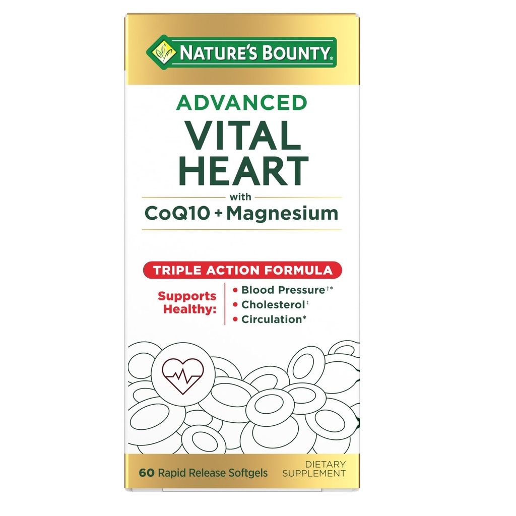 Bounty Advanced Vital Heart with CoQ10 + Magnézium, Antioxidant, Podporuje zdravý krvný tlak, Cholesterol, Circulation, Triple Action Formula, CoQ10, horčík doplnok, 60 Softgels