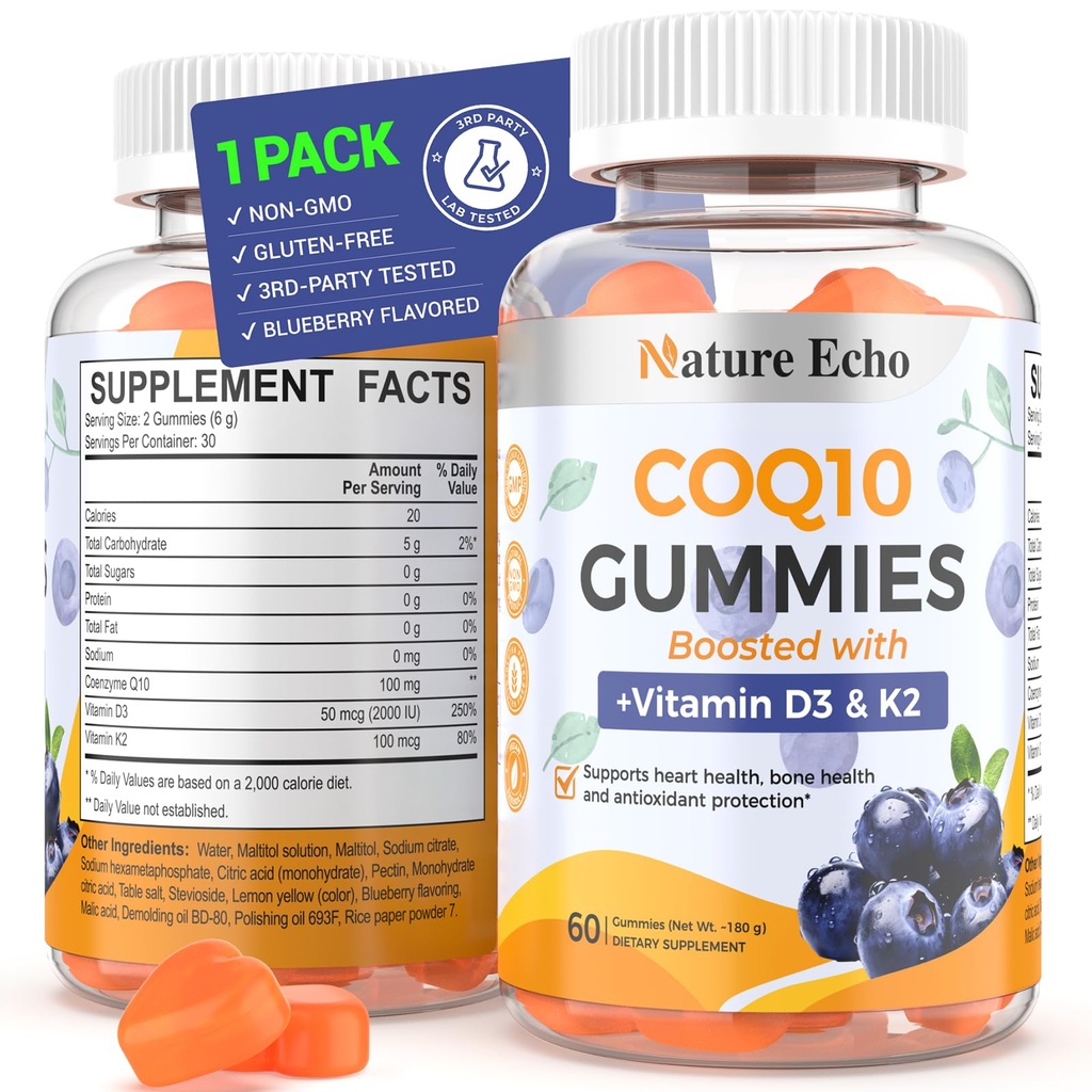Nature Echo® CoQ10 Gummies 100mg, CoQ10 Supplement with Vitamin D3 & K2, Coenzým Q10 Supplement Blueberry flavor, Sugar Free, Heart Health, Bone Support & Antioxidant, Vegan, Non-GMO 60 Gummies