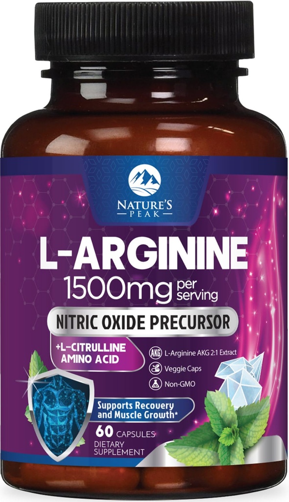 L-arginín komplex - Extra sila Posilňovač oxidu dusnatého - Premium Energy Blend pre Prírodné zdravie srdca a svalovej podpory - Non-GMO, Vyrobené pre mužov a ženy, Fľašové USA - 60 Kapsule