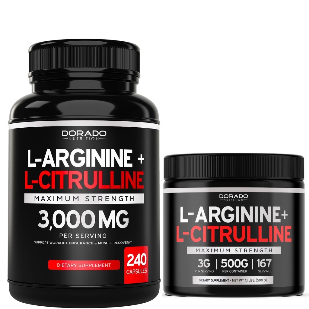 L Arginín L Citrulín (240 g/l) - Pilulka oxidu dusnatého pre vytrvalosť a vytrvalosť a L Arginín L Citrulín Powder (3g) - Powder Oxid dusnatý pre výkon a vytrvalosť - Vegan & USA Made