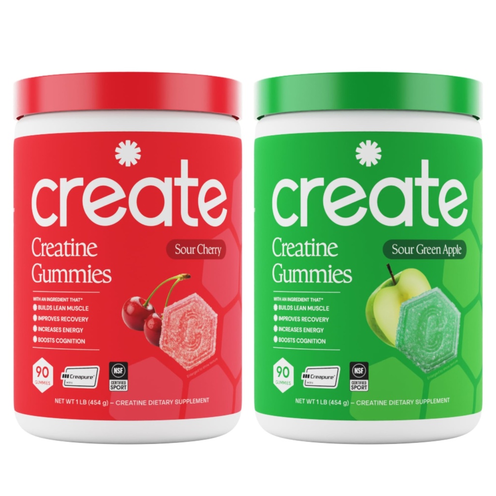 Creatin monohydrate Gumies - Kyslé Power Duo - Kyslé jablko a kyslé čerešne - Kreatínové Gummy pre ženy a mužov, NSF Certified, 3. strana testované, Anti-Melting Formula, 180 Počet (2-Pack)