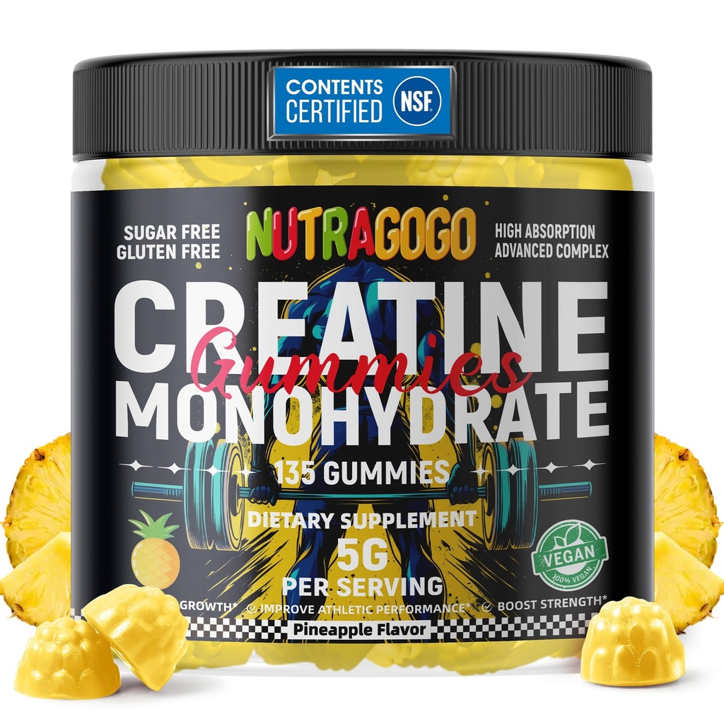 NSF Certified Creatin Gummy - Monohydrát kreatínu Gummy pre mužov a ženy-5g Kreatín monohydrátu na jedno podávanie - bez cukru,Vegan, Ananás Electrolyte Chews, 135 Počet