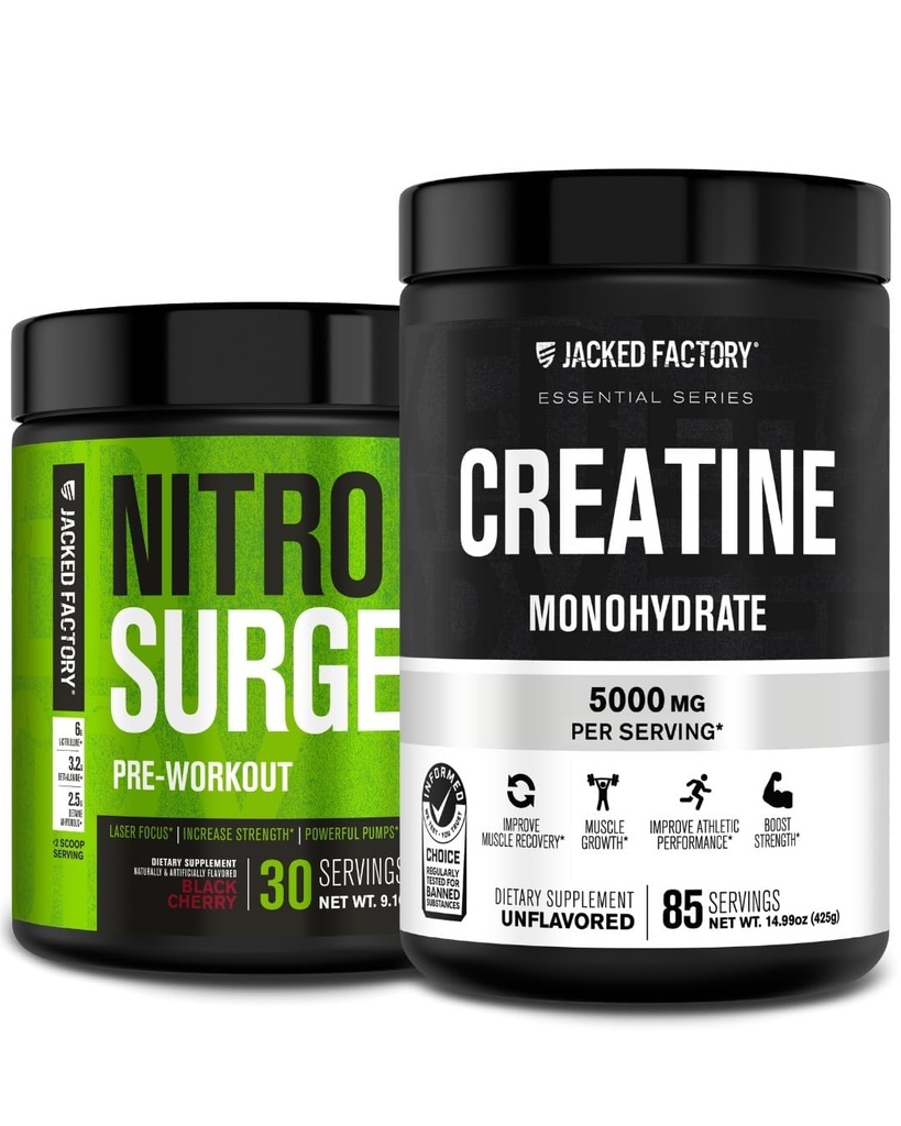 Jacked Factory Nitrosurge pre-cvičenie v čiernej čerešni a monohydrát kreatínu pre mužov a ženy