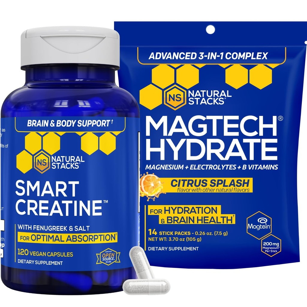 Natural STACKS Creatin Monohydrate & Magtech Hydrate Bundle - 2500mg Creatin + 200mg Elemental Magnézium Per Serving - podporuje hydratáciu, zdravie mozgu a vytrvalosť - 44 Total Servings
