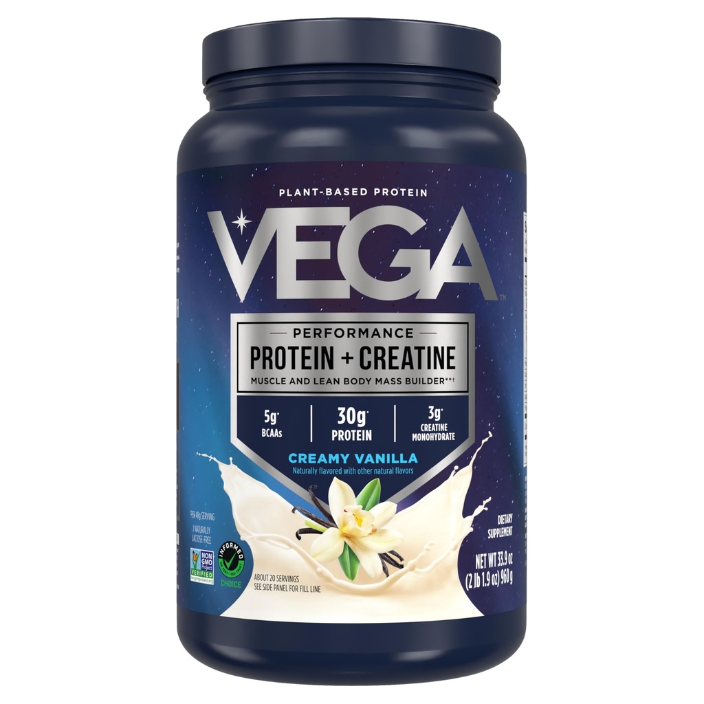Vega Protein + Creatin - 30g Rastlinný proteín, Vanilka, 20 Servings, 3g Creatin, 5g BCAA, Vegan, Keto, Gluten Free, Dairy Free, Low Carb, pre rast a opravu svalov, Drink Mix, 33.9oz