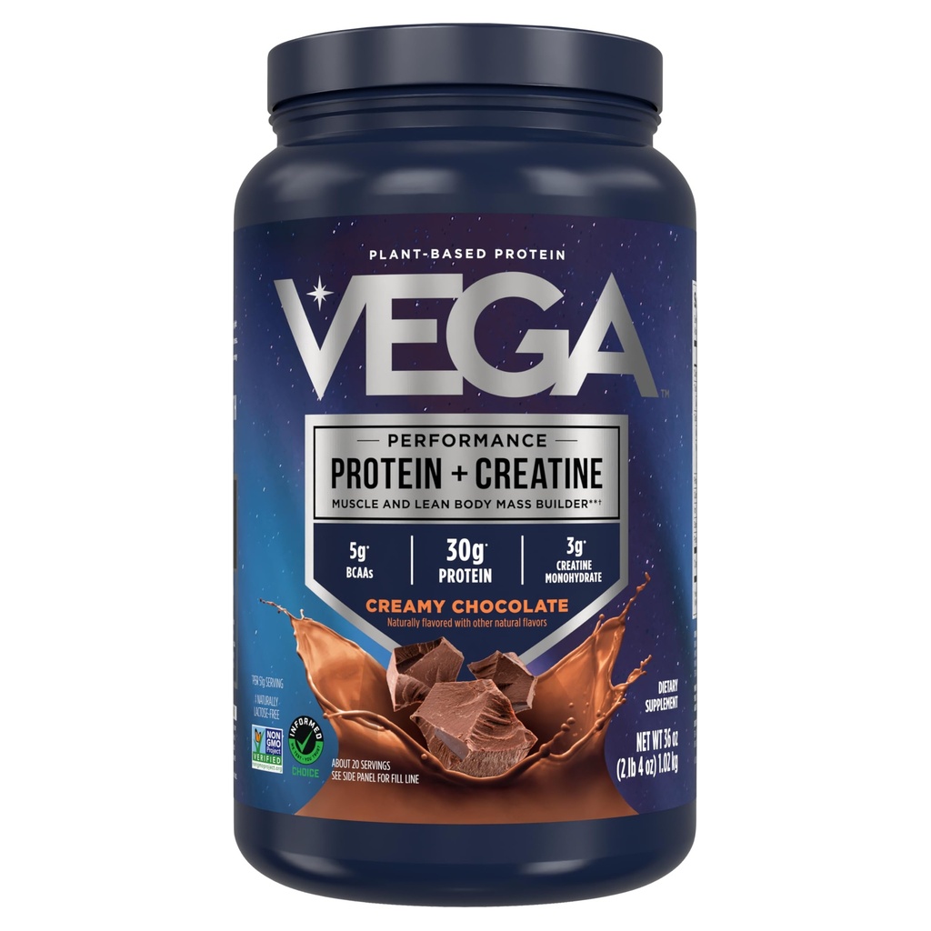 Vega Protein + Creatin - 30g Rastlinný proteín, čokoláda, 20 porcií, 3g kreatinínu, 5g BCAA, Vegan, Keto, Gluten Free, Mliečny bez, Nízky Carb, pre rast a opravy svalov, nápoj Mix, 36oz