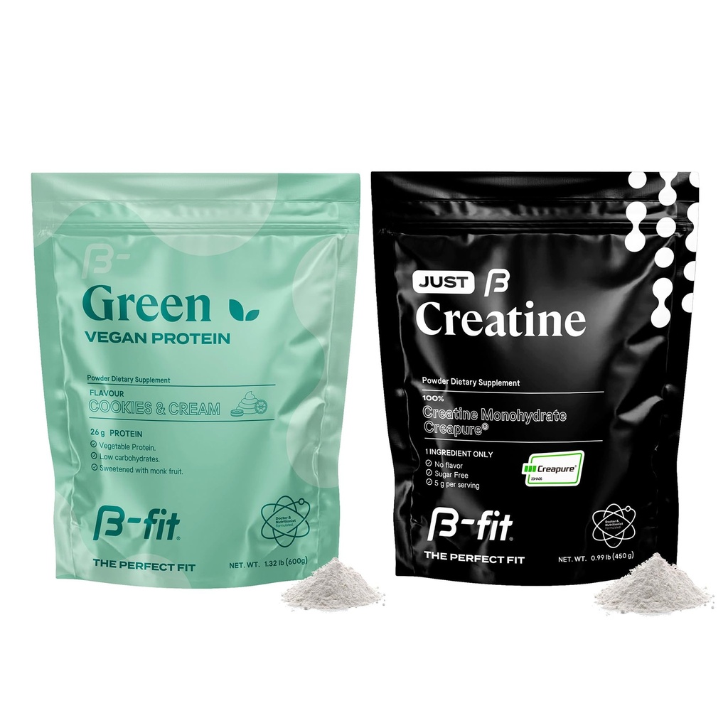 B-FIT B Vegan Protein + Just Creatin - Pea Protein Powder 600g - Plant Based Protein Shake - Creatin monohydrate Powder - Creapure - 90 Servings - 450 g