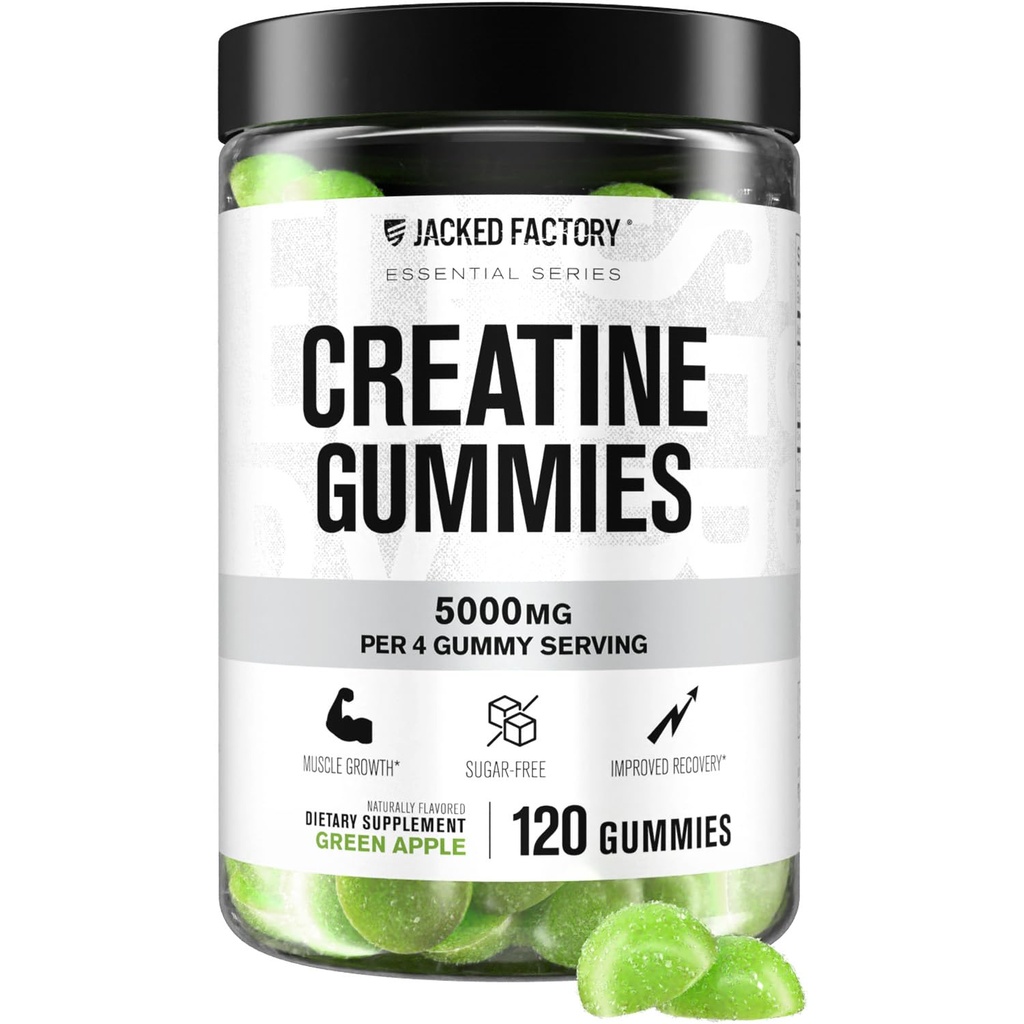 Ukradnuté továrne bez cukru Kreatínové guličky - 5g denná dávka (1,25g na Gummy) - Kreatín Gummy bez cukru pre mužov a ženy, Vegan-Priatelia, Tretia strana testované - 120 Gummy, Zelené jablko