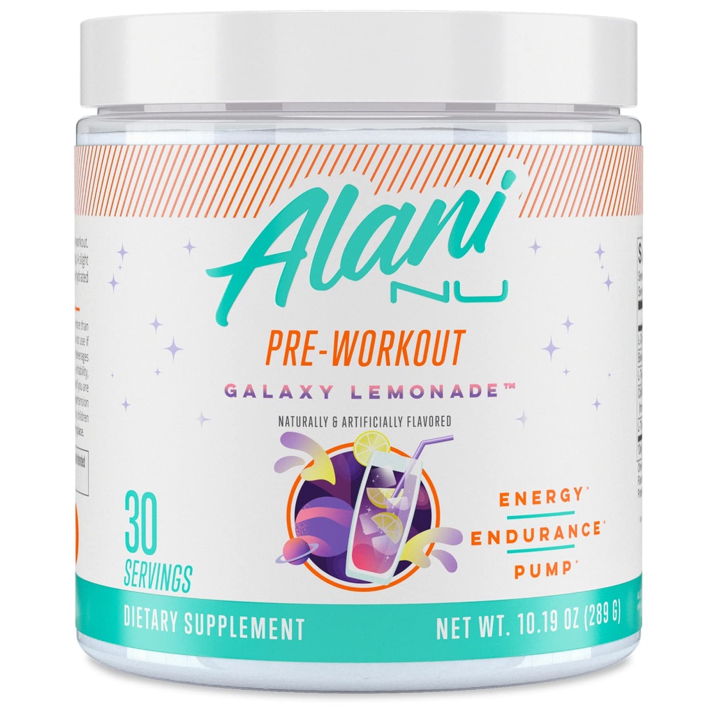 Alani Nu Pre Workout Powder GLAXAY Lemonade, Amino Energy Boost, Endurance Supplement, Free Supplement, 200 mg kofeínu, L-theanine, Beta-Alanine, L-Citrulline, 30 Servings