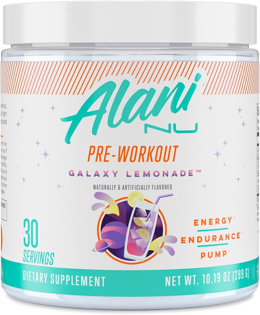 Alani Nu Pre Workout Powder GLAXAY Lemonade, Amino Energy Boost, Endurance Supplement, Free Supplement, 200 mg kofeínu, L-theanine, Beta-Alanine, L-Citrulline, 30 Servings