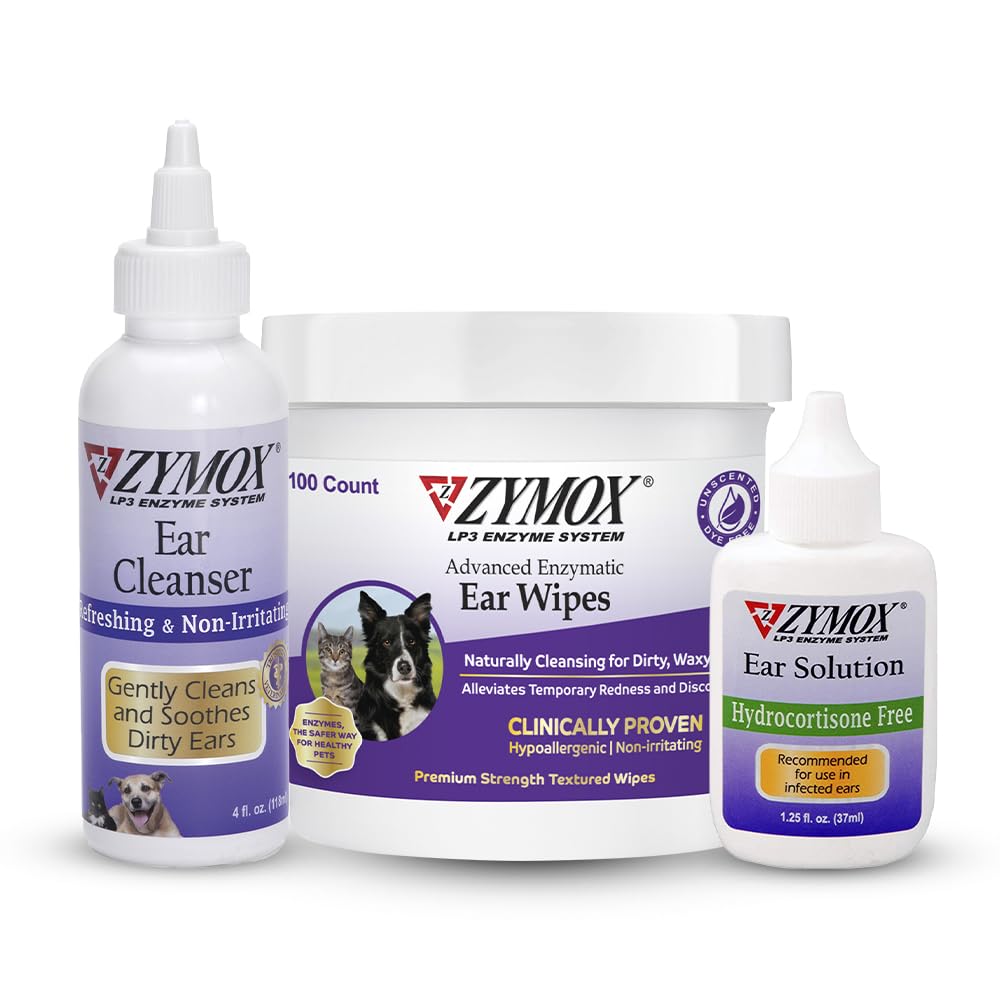 Zymox Enzymatic Ear Wipes, Ear Cleanser, & Ear Solution Without Hydrokortizón pre psov a mačky - Product Bundle - for Dirty, Waxy, Smradľavé uši a na upokojenie infekcie ucha