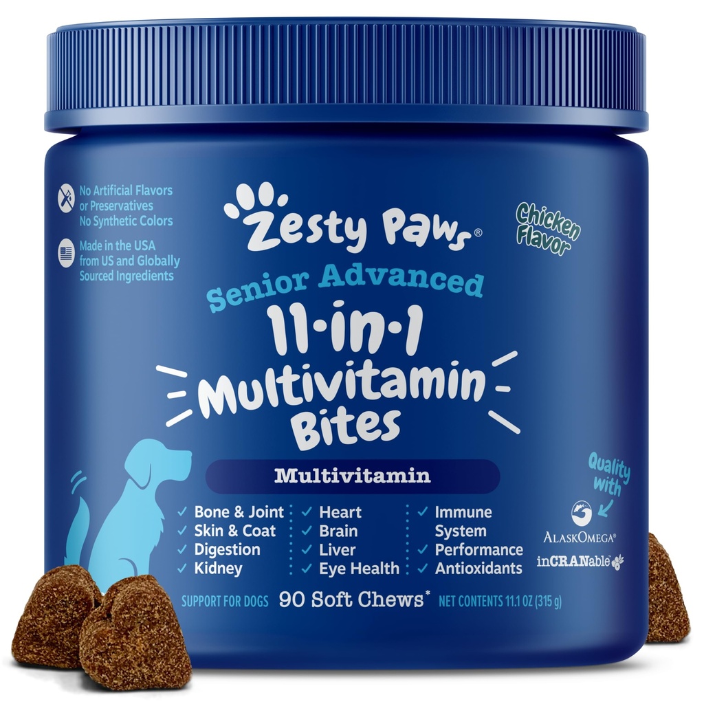 Zesty Paws Senior Dog Multivitamínové Liečba - Glukozamín pre psy + Digestívne enzýmy a probiotiká - Grain Free Dog Vitamíny a doplnky pre kožu a kožu + Immune Health Chicken - Advanced - 90ct