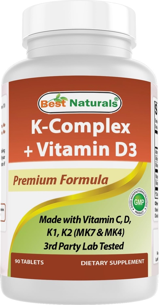 Najlepšie prírodné K-komplexy s K1 (Phytonadión 1500 mcg + K2 ako menachinón 100 mcg + K2 ako MK-4 1000 mcg) + D3 + VIT. C - 90 Tablety - Vyrobené v USA