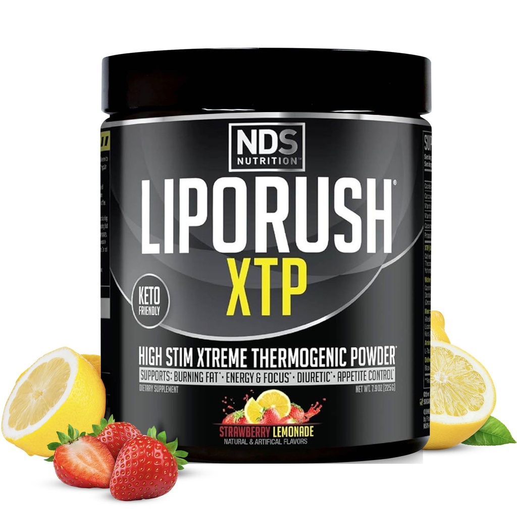 LIPORUSH NDS Nutrition XTP Termogénny spaľovač tukov s L-karnitín - Energetika, zameranie, a apetít riadenie - Extrémne termogénne spaľovanie tuku prášok Chudnutie - jahodová citróna (45 Servings)