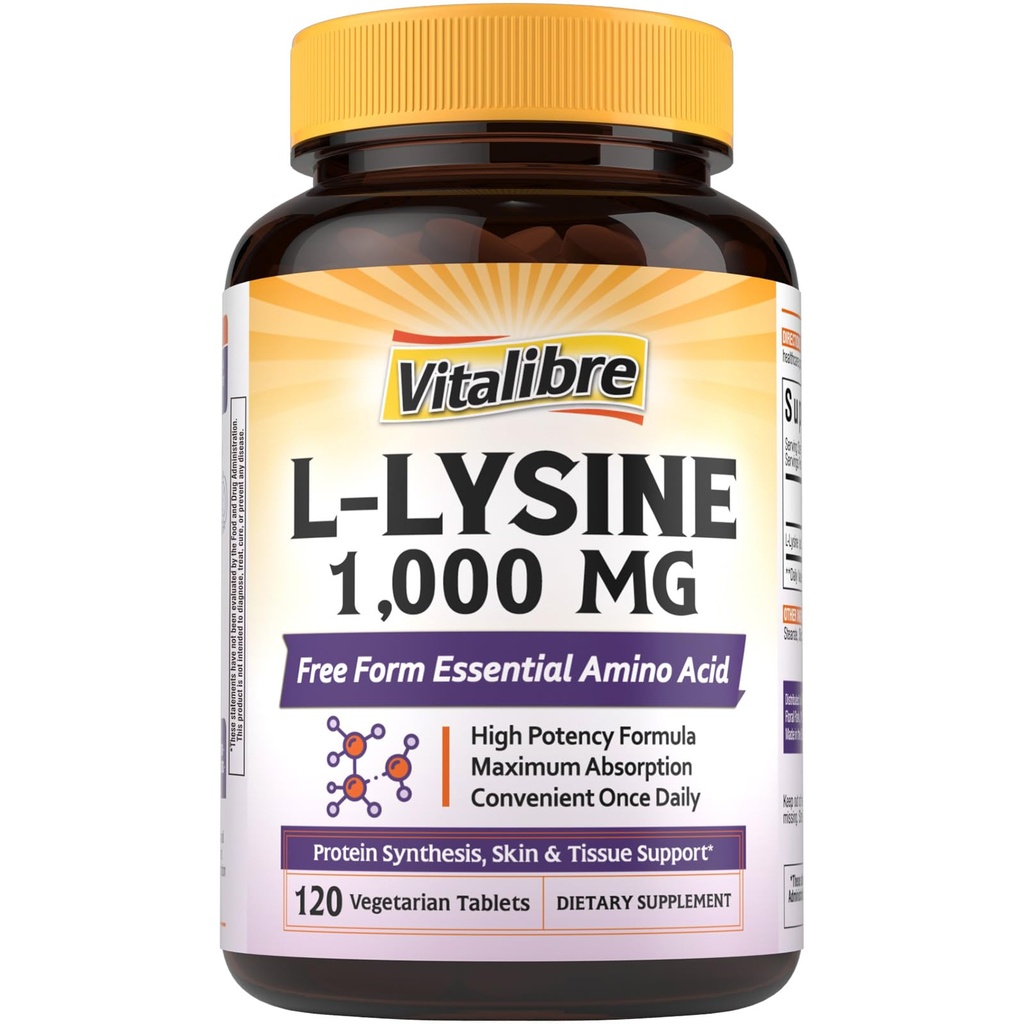 Vitalibre L-lyzín 1000 mg, High Potency L-lyzín HCl, Free Form Essential Amino Acid, Protein & Colagen Synthesis, Immune Support, Maximálna absorpcia, Vegan, 120 tabliet