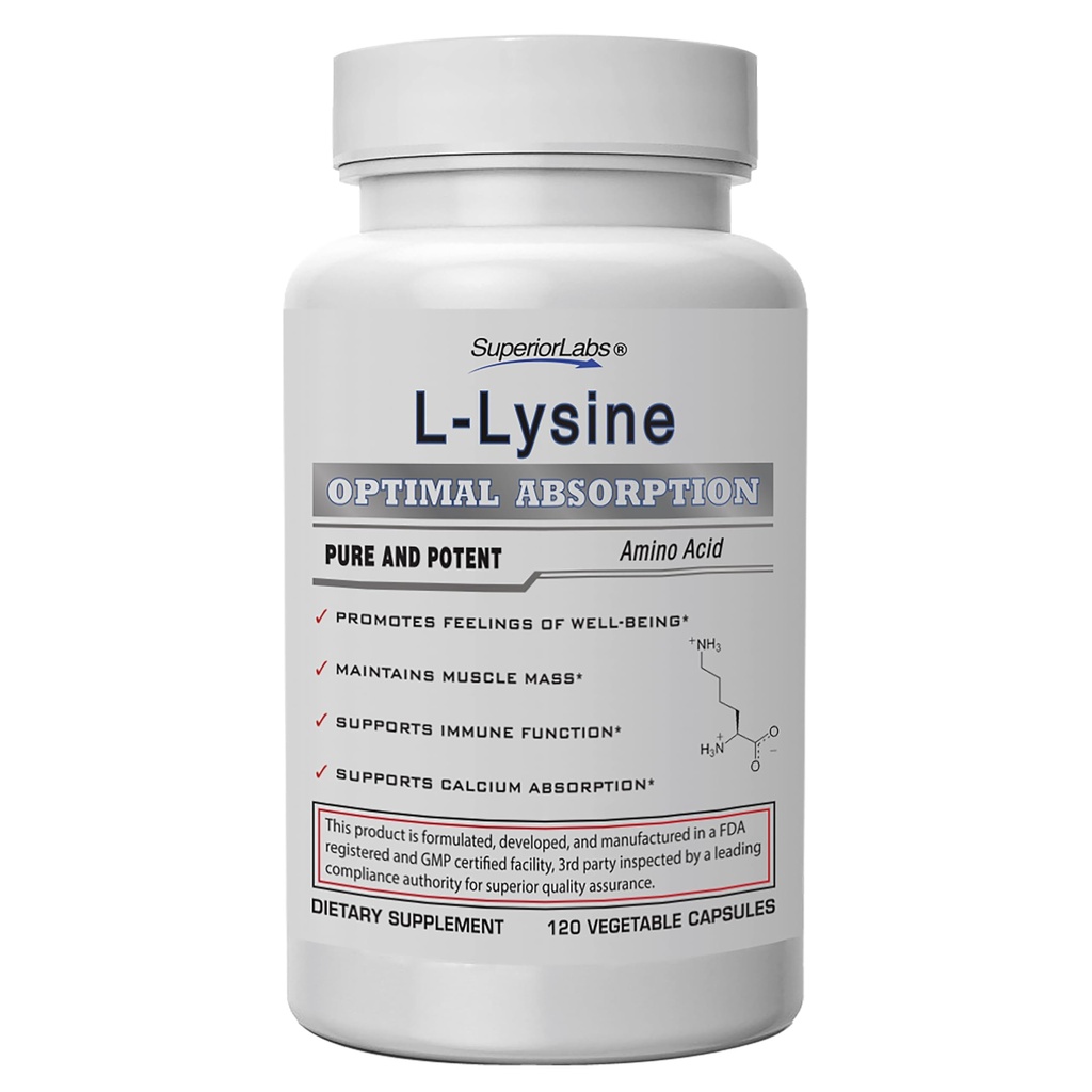 Superior Labs L- Lysine 500 mg Kapsule, Pure Non- GMO, Third- Party Tested, No Fillers, Gluten Free, podporuje imunitný systém, podporuje vstrebávanie vápnika, 120 Caps