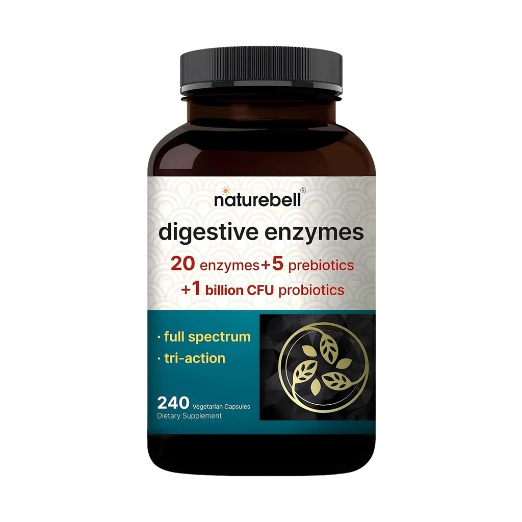 NatureBell Digestive Enzymes - 240 Kapsule - Gut & Digestive Health Suplement* - with 20 Enzymes, 5 Prebiotiká & 10-Strand Probiotic Blend