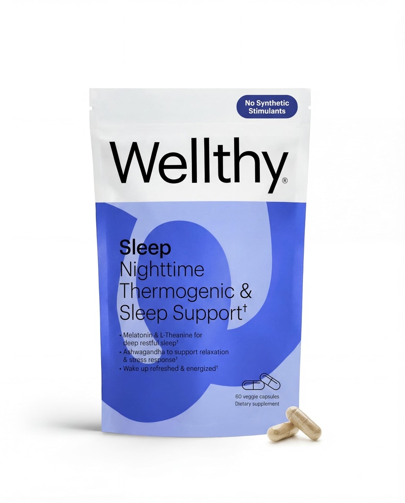 Wellthy Night Time Thermogenic - Vitamín B6, Ashwagandha & Melatonin - Nighttime Thermogenic pre ženy - Belly Thermogenic - Prírodné doplnky chudnutie pre ženy, 60ct