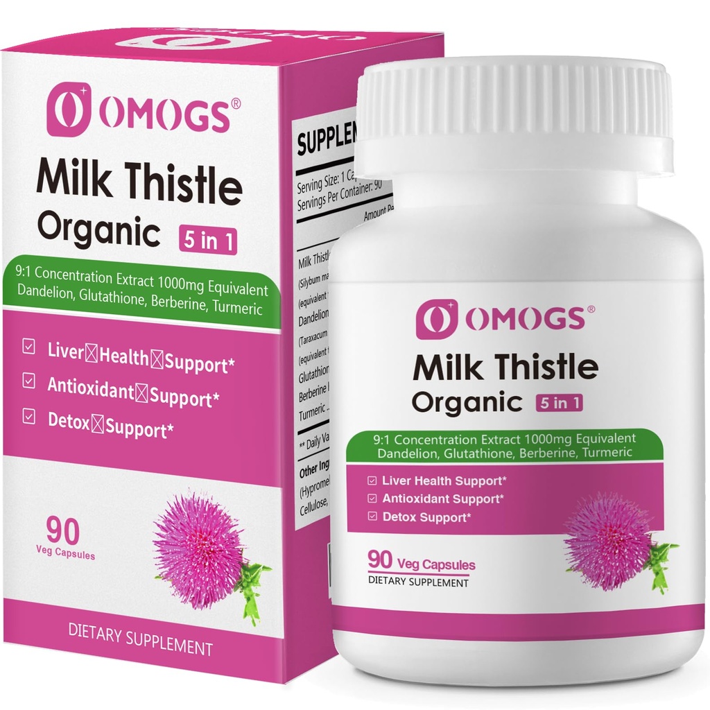 OMOGS organické mlieko bodliak, bylinné mlieko na podporu pečene bodkované doplnok, s púpavkovým koreňom, glutatión, Berberine HCL & Turmerica, Podpora Pečeň čistenie detoxikácie a opravy, 90 Kapsule
