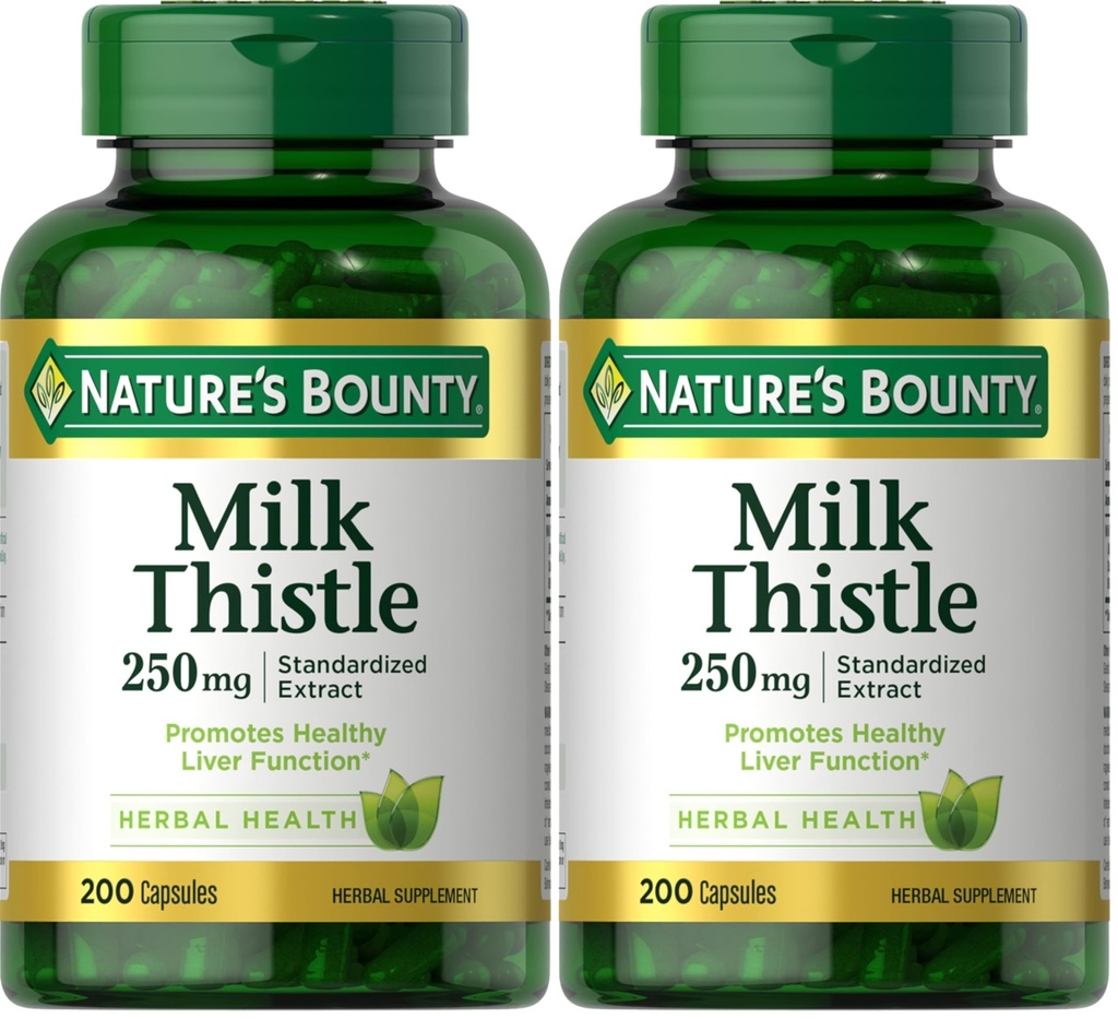 Nature's Bounty Milk Thistle Kapsule, Tradične používané pre zdravie pečene, Bylinné doplnky, 250 mg na obsluhu, 200 Počet (Stock of 2)