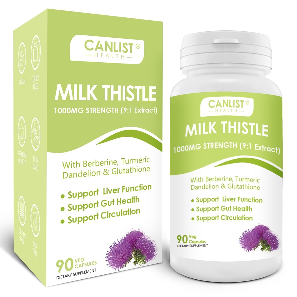 CANLIST Milk Thisttle Kapsule 1000 mg, Potent 9:1 extrakt, Pečeň Zdravie Podpora, Detox & Čistiť, Antioxidant & Gut Health, Non-GMO, Gluten-Free, 90 Kapsule