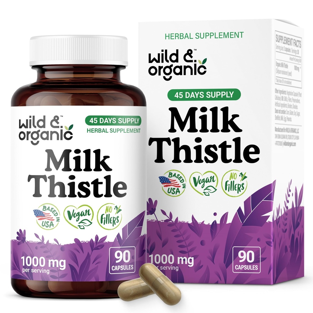 Wild & Organic Milk Thistle Kapsule 1000mg - Pečeň Detox Doplnky - Silymarin Milk Thistle Powder for Pečeň Cleans - 90 Vegan Kapsule - 45-Days Supply - No Fillers, Non-GMO