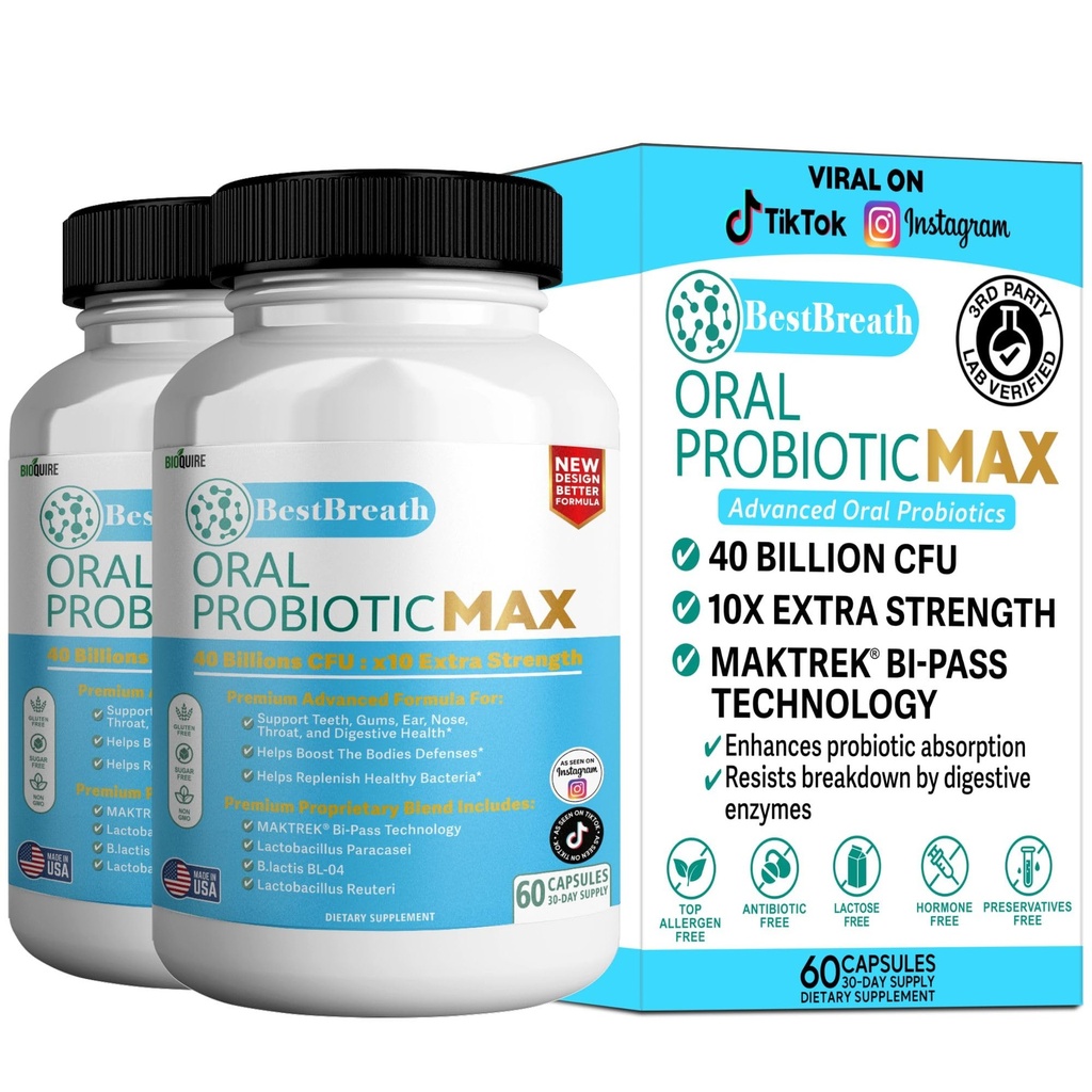 BestBreath Oral Probiotic MAX - 40 miliárd CFU - Podpora pre Zuby, Gumy, ucho, nos, Trpenie a trávenie zdravie - 60 kapsúl (2)