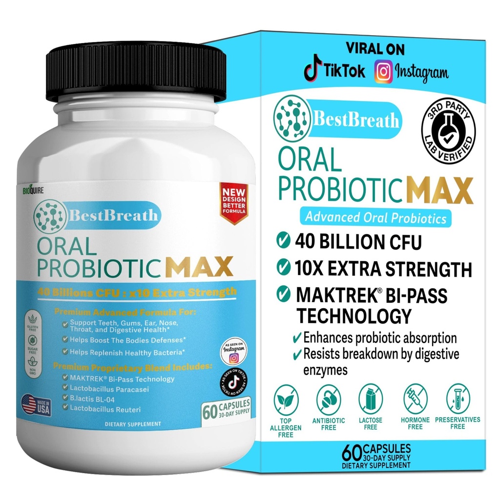 BestBreath Oral Probiotic MAX - 40 miliárd CFU - Podpora pre Zuby, Gumy, ucho, nos, Trpenie a trávenie zdravie - 60 kapsúl (1)