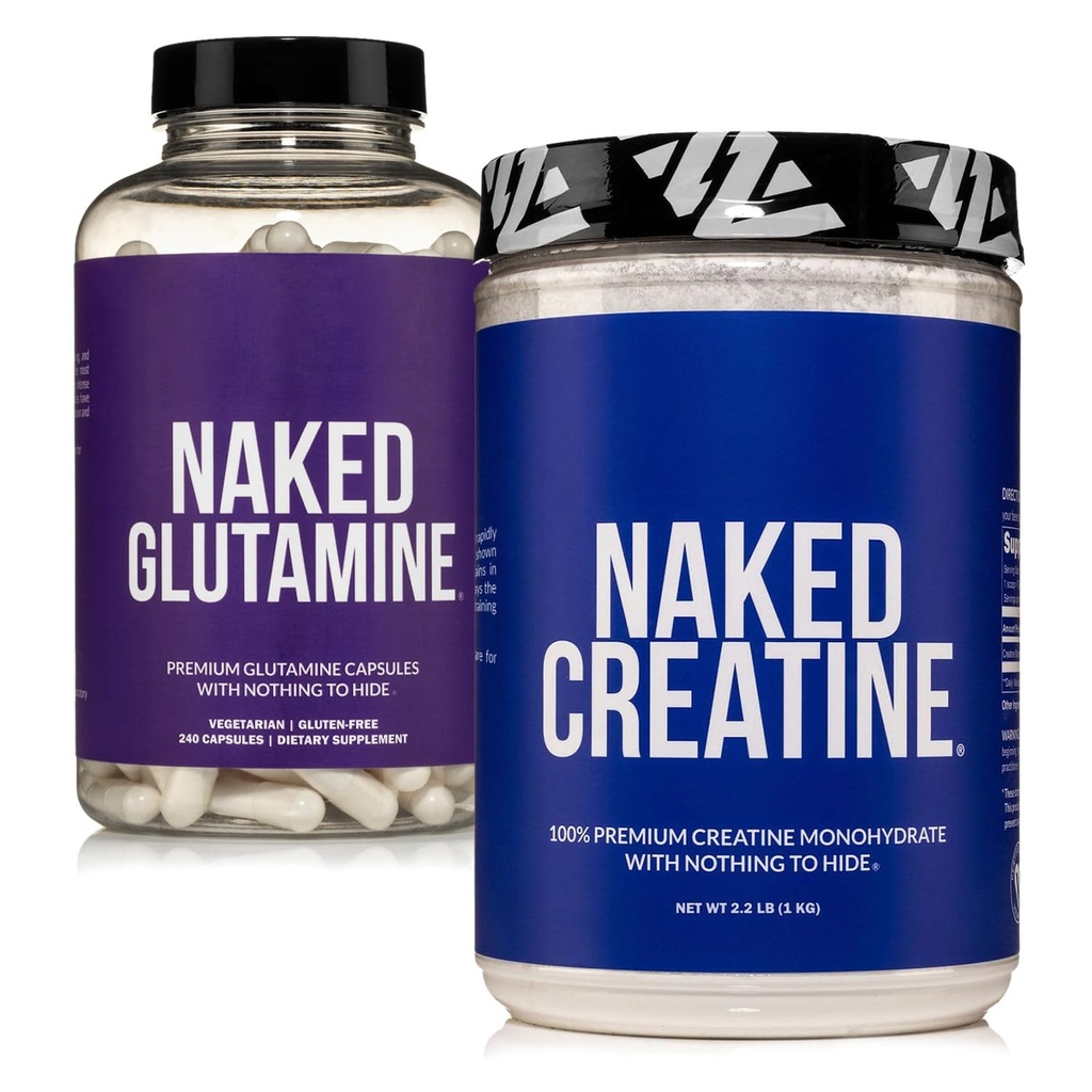 NAKED Pure Micronized Creatin Monohydrate 200 Servings + Pure L-Glutamine 240 Kapsule Bundle: Vegan, Non-GMO, Gluten Free. Minimalizovať rozpad svalov a zlepšiť syntézu bielkovín. Nič umelé