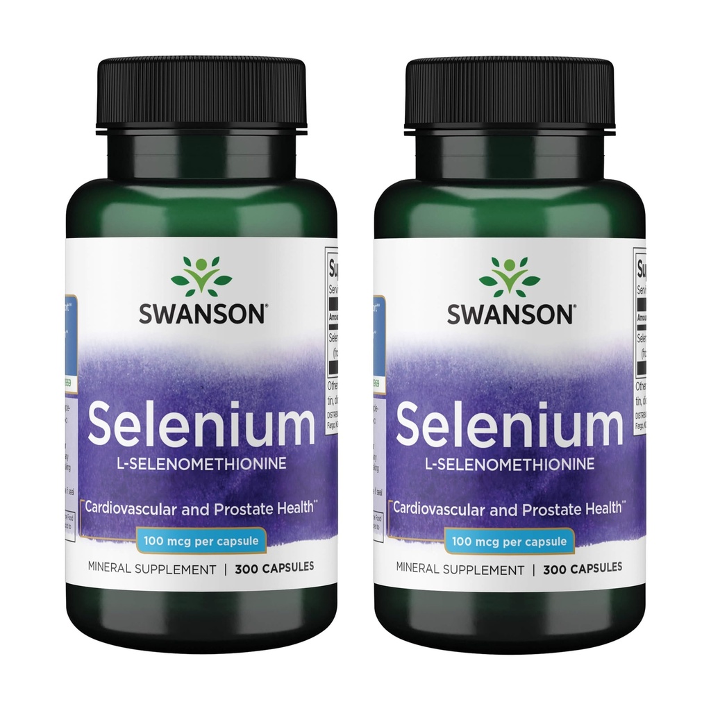 Swanson Selenium (L-Selenometionín) - Bylinné doplnky podporujúce zdravie srdca a prostaty - Môže podporovať imunitný systém a zdravie štítnej žľazy - (300 kapsúl, 100 μg Každý) (2 balenia)