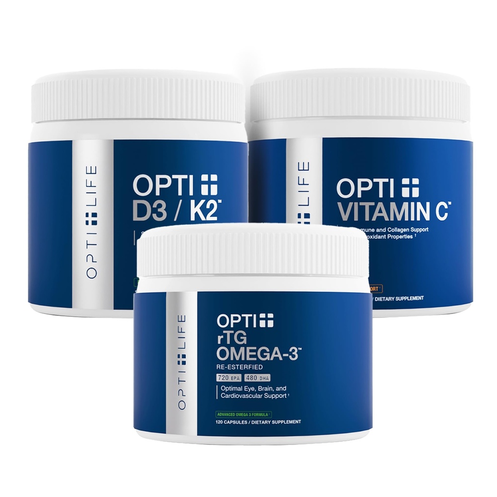 Opti+ Bone & Joint Health Bundle - Vitamín D3 K2, rTG Omega-3 & Vitamín C doplnok Kit 