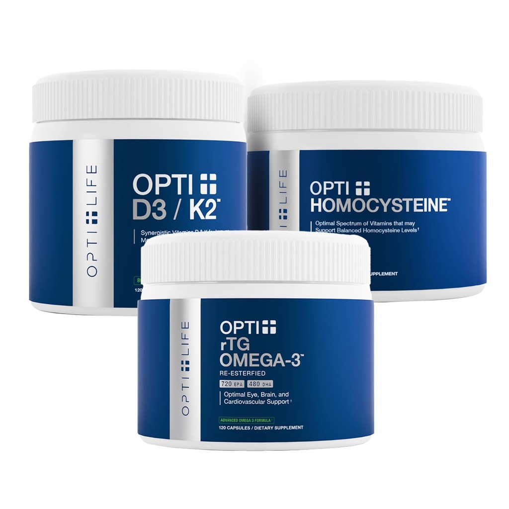 Opti+ Heart & Vacular Health Bundle - rTG Omega-3, Homocysteín B-vitamíny & D3 K2 Supplement Kit 