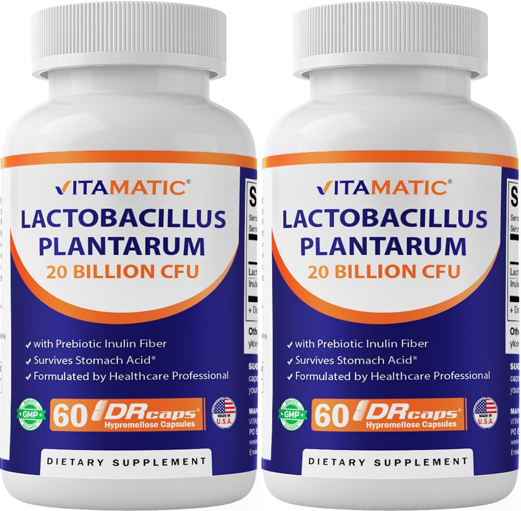Vitamatic Lactobacillus Plantarum - 20 miliárd na DR kapsule - 60 gróf - Podpora trávenia - Vyrobené s prebiotickou inulin Fiber-2 balenie