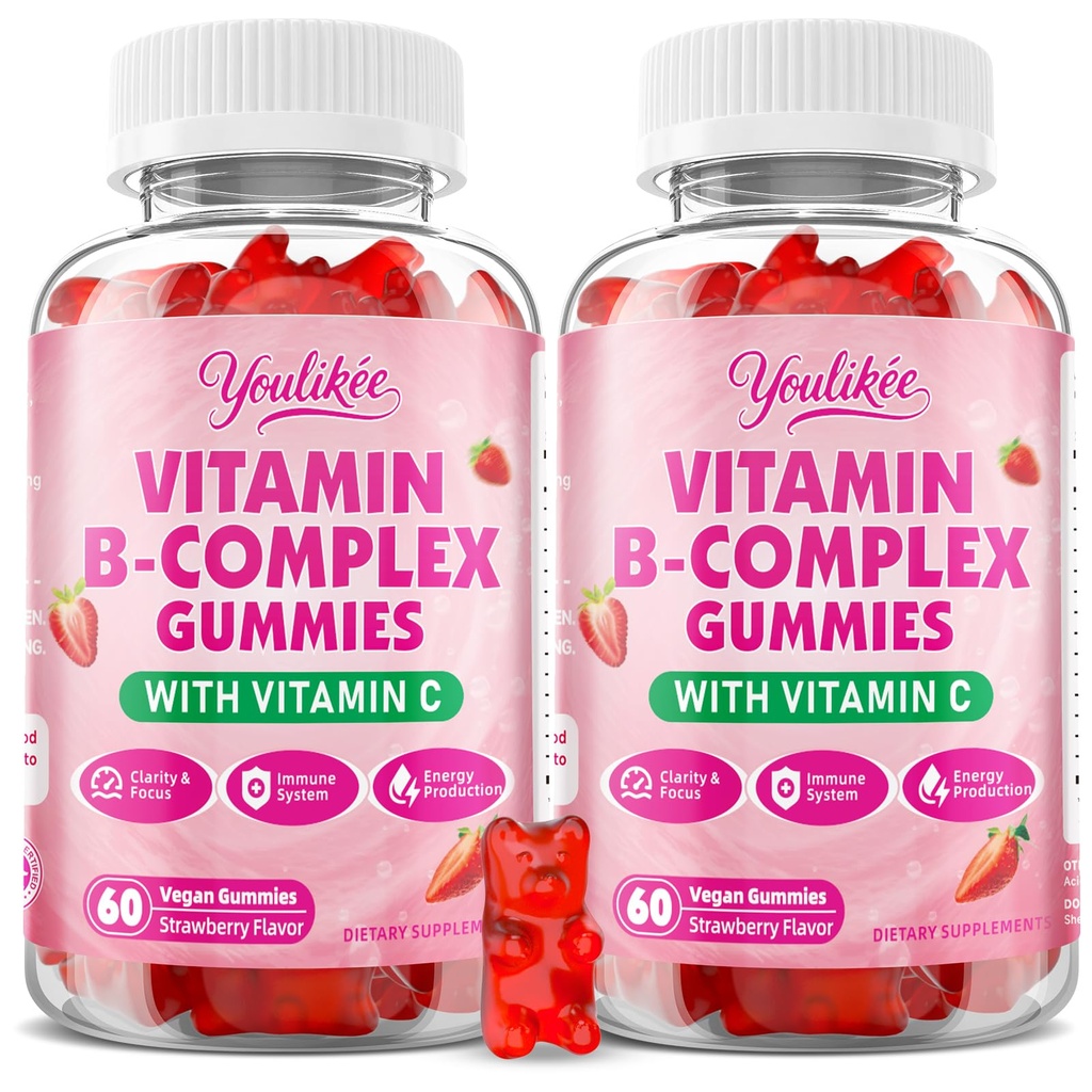 2 balenia vitamín B-komplexné guličky pre ženy a mužov, metyl B12, B1, B2, B3, B5, B6, B7 a B9 - vitamín B komplex s vitamínom C podporuje energiu a imunitnú funkciu, jahodová aróma, 120 gróf