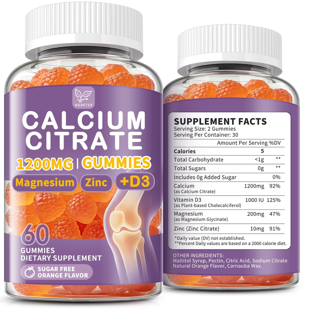 (2 Pack) Calcium Citrate 1200 mg for Women Men,Calcium Magnesium Zinc Vitamin D3 Gummies,High Absorption Calcium Chews Supplement for Bone,Teeth & Muscle Healthy,Sugar Free,Vegan,Non-GMO,Orange Flavor