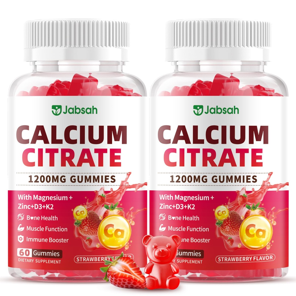 Calcium Citrate Gummies 1200mg, High Absorption Calcium Supplements with Vitamin D3, K2, Magnesium, Zinc for Bone, Muscle & Immune Support, Calcium Gummies for Women & Men, Strawberry Flavor 120 Count