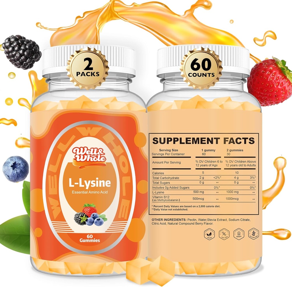 L-Lysine Gummies 1000mg - L-Lysine Doplnky pre deti a dospelých - Lip a studená bolesť* Podpora pre ženy - Žuvateľné Lyzínové Gummy s vitamínom B12 - Vegan, Non GMO, Gluten-free, 120 Počet