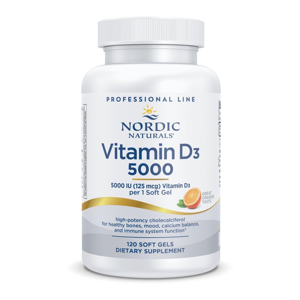 Nordic Naturals Pro Vitamín D3 5000, Orange - 120 Mini mäkké gély - 5000 IU Vitamín D3 - podporuje zdravé kosti, náladu a imunitný systém funkcie - non-GMO - 120 Servisy